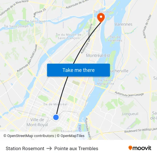 Station Rosemont to Pointe aux Trembles map