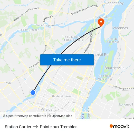 Station Cartier to Pointe aux Trembles map