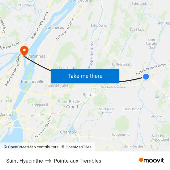 Saint-Hyacinthe to Pointe aux Trembles map