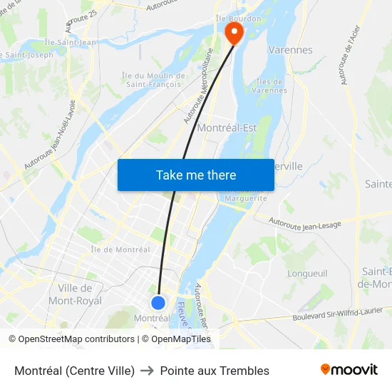 Montréal (Centre Ville) to Pointe aux Trembles map
