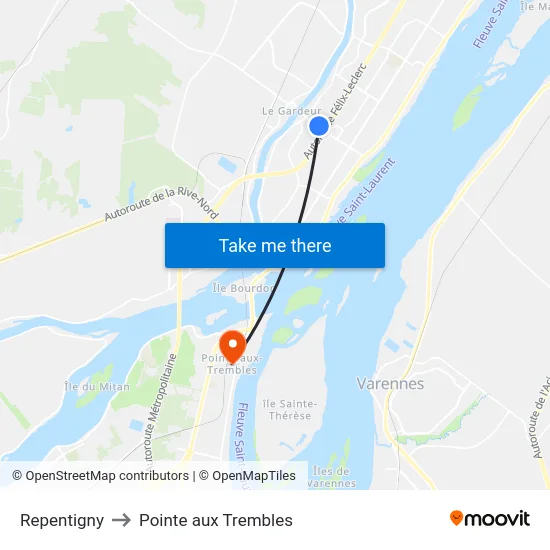 Repentigny to Pointe aux Trembles map