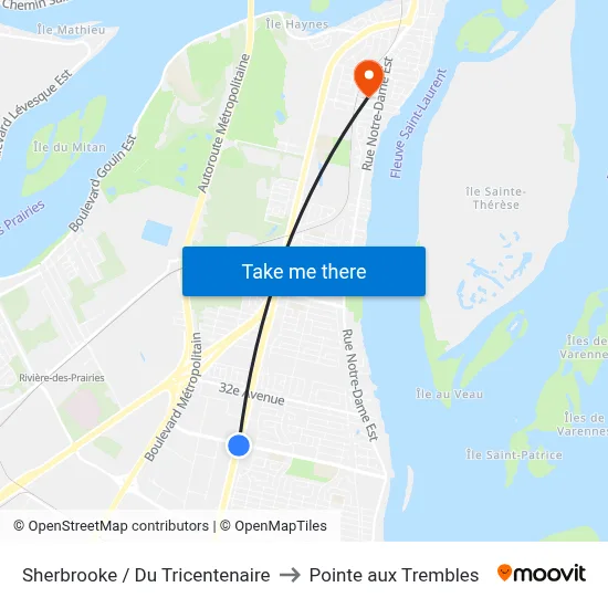 Sherbrooke / Du Tricentenaire to Pointe aux Trembles map
