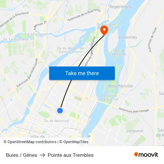 Buies / Gênes to Pointe aux Trembles map