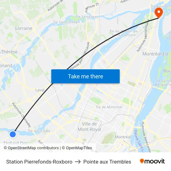 Station Pierrefonds-Roxboro to Pointe aux Trembles map