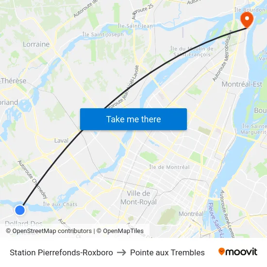 Station Pierrefonds-Roxboro to Pointe aux Trembles map