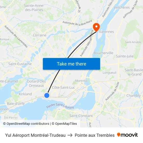 Yul Aéroport Montréal-Trudeau to Pointe aux Trembles map