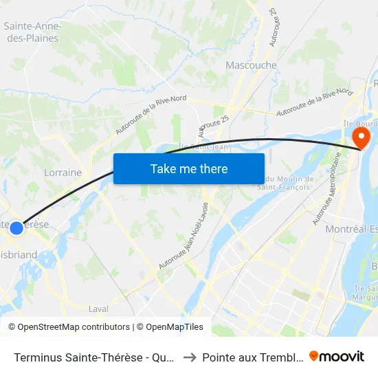 Terminus Sainte-Thérèse - Quai 8 to Pointe aux Trembles map