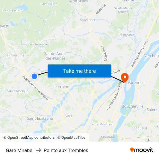 Gare Mirabel to Pointe aux Trembles map