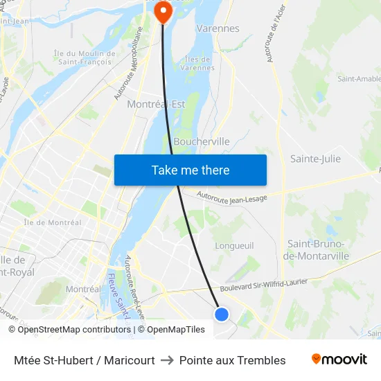 Mtée St-Hubert / Maricourt to Pointe aux Trembles map
