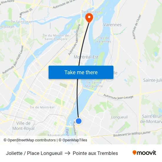 Joliette / Place Longueuil to Pointe aux Trembles map