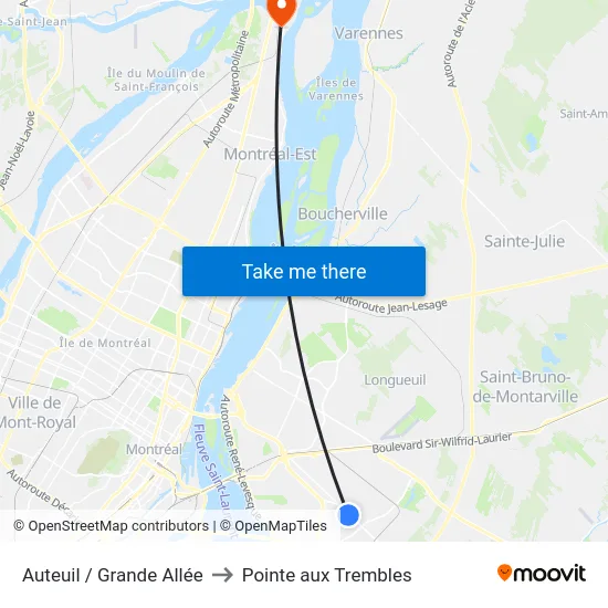 Auteuil / Grande Allée to Pointe aux Trembles map