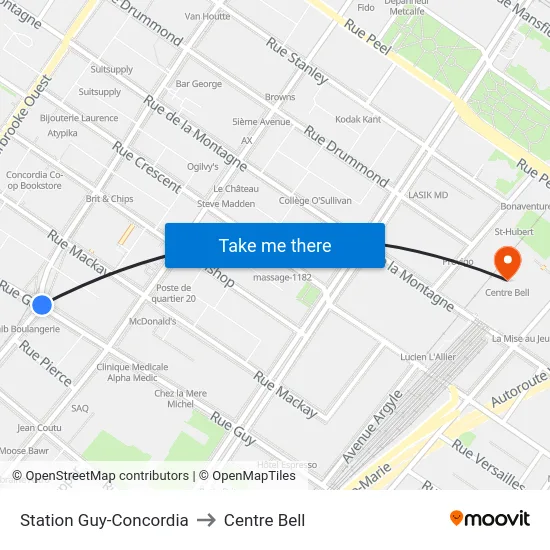 Station Guy-Concordia to Centre Bell map