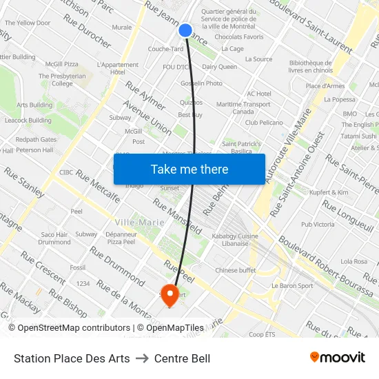 Station Place Des Arts to Centre Bell map