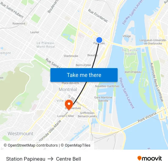 Station Papineau to Centre Bell map