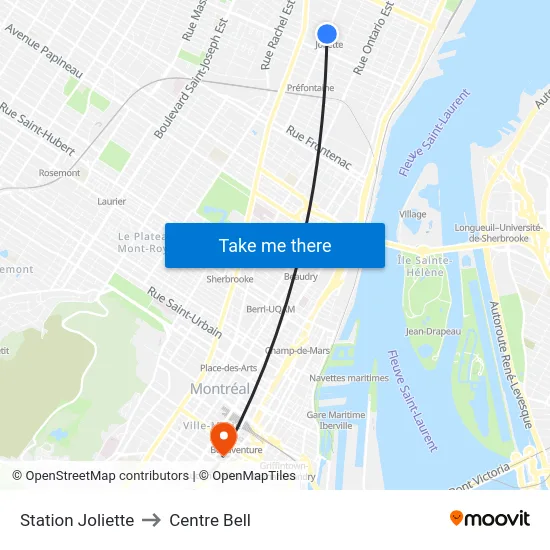 Station Joliette to Centre Bell map