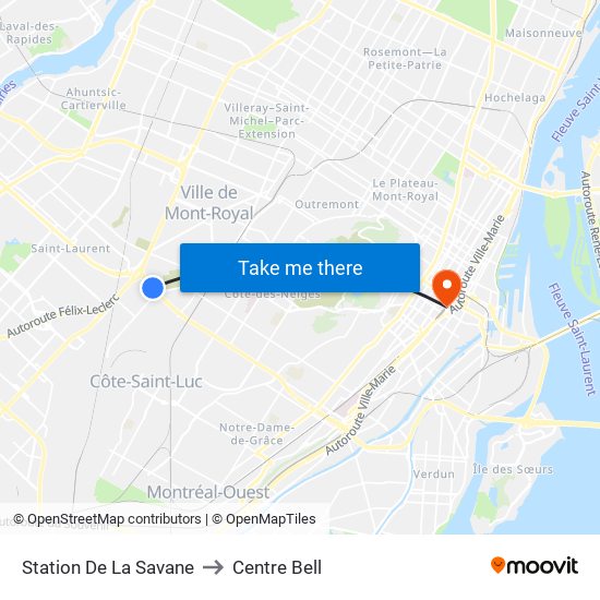 Station De La Savane to Centre Bell map