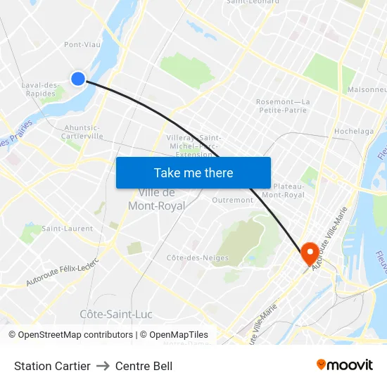 Station Cartier to Centre Bell map