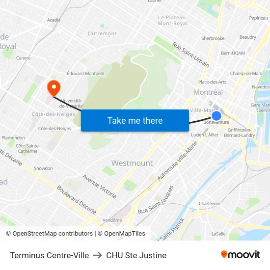 Terminus Centre-Ville to CHU Ste Justine map
