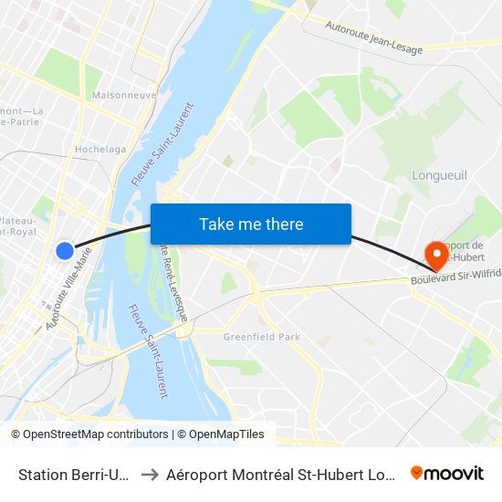 Station Berri-Uqam to Aéroport Montréal St-Hubert Longueuil map