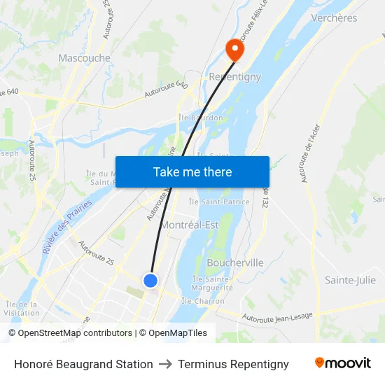 Honoré Beaugrand Station to Terminus Repentigny map