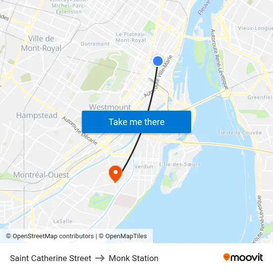 Saint Catherine Street to Monk Station map