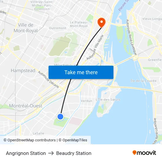 Angrignon Station to Beaudry Station map