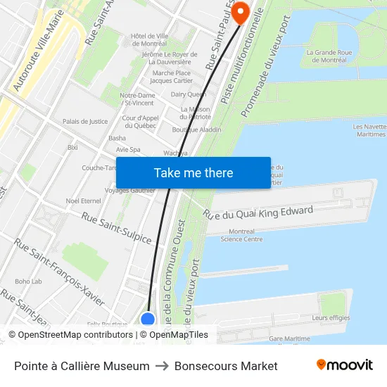 Pointe à Callière Museum to Bonsecours Market map