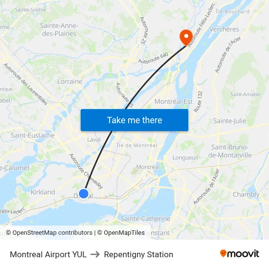Montreal Airport YUL to Repentigny Station map
