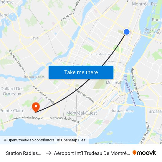 Station Radisson to Aéroport Int'l Trudeau De Montréal map