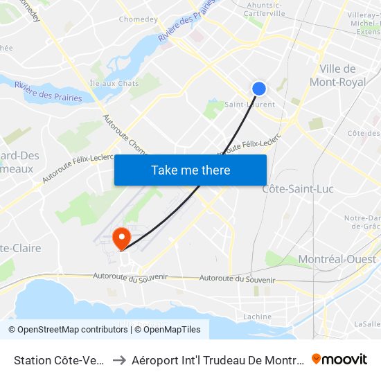 Station Côte-Vertu to Aéroport Int'l Trudeau De Montréal map