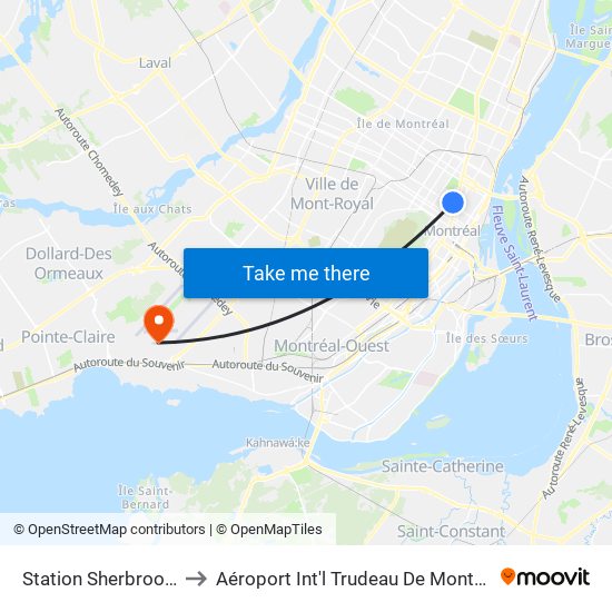 Station Sherbrooke to Aéroport Int'l Trudeau De Montréal map