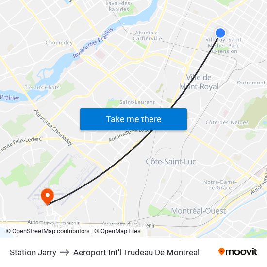 Station Jarry to Aéroport Int'l Trudeau De Montréal map