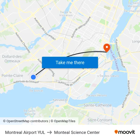 Montreal Airport YUL to Monteal Science Center map
