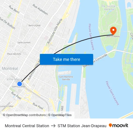 Montreal Central Station to STM Station Jean-Drapeau map