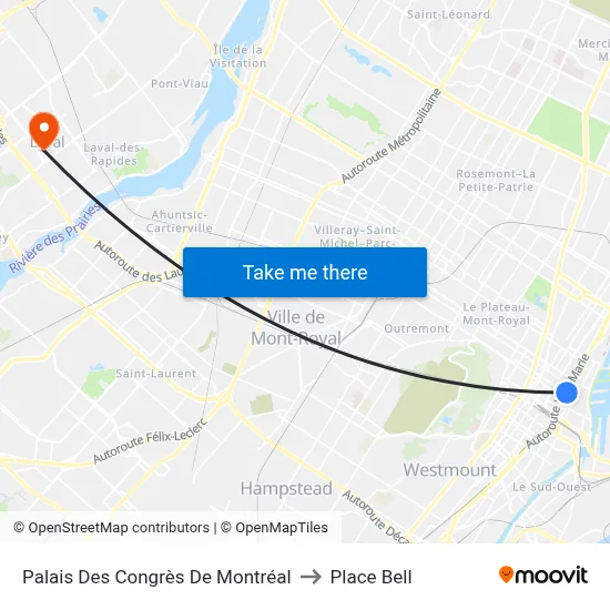 Palais Des Congrès De Montréal to Place Bell map