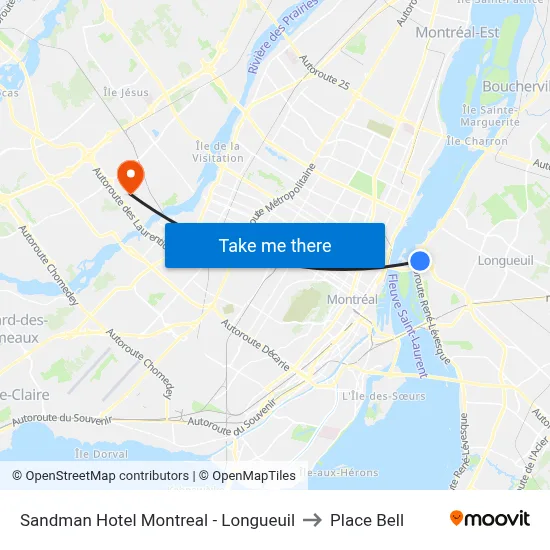 Sandman Hotel Montreal - Longueuil to Place Bell map