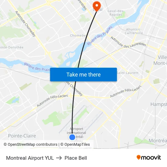 Montreal Airport YUL to Place Bell map