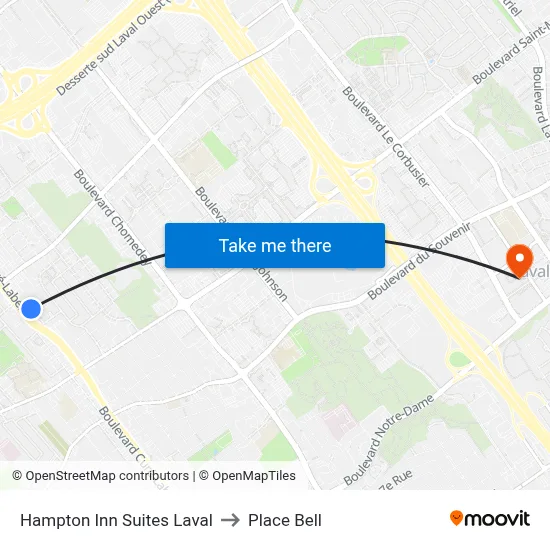 Hampton Inn Suites Laval to Place Bell map