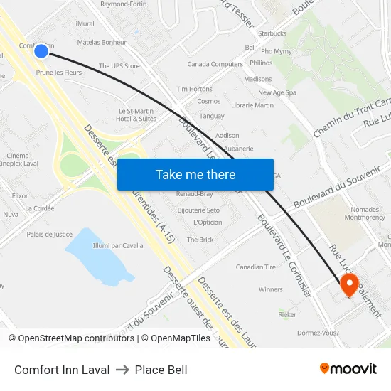 Comfort Inn Laval to Place Bell map