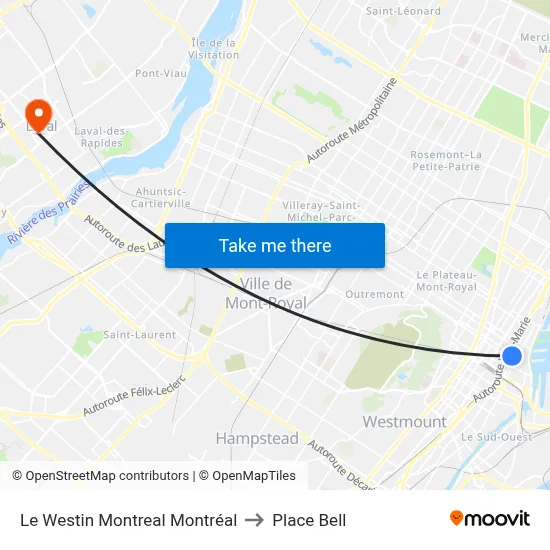 Le Westin Montreal Montréal to Place Bell map