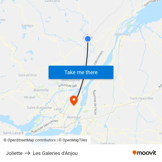 Joliette to Les Galeries d'Anjou map