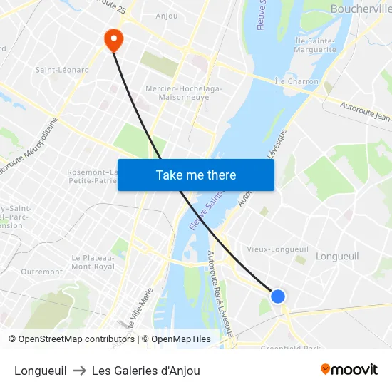 Longueuil to Les Galeries d'Anjou map