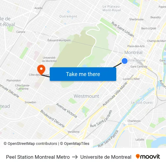Peel Station Montreal Metro to Universite de Montreal map