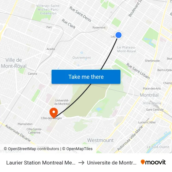 Laurier Station Montreal Metro to Universite de Montreal map