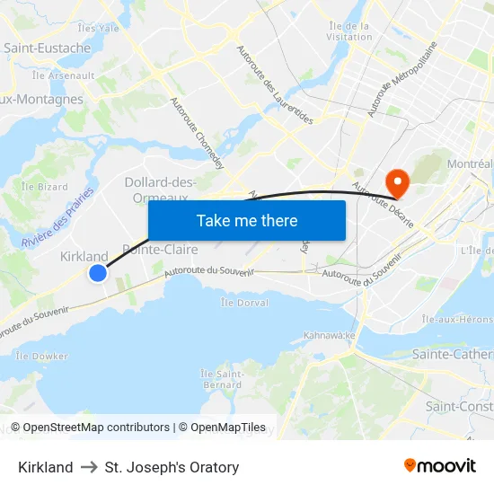 Kirkland to St. Joseph's Oratory map