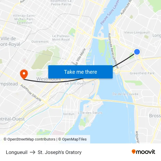 Longueuil to St. Joseph's Oratory map