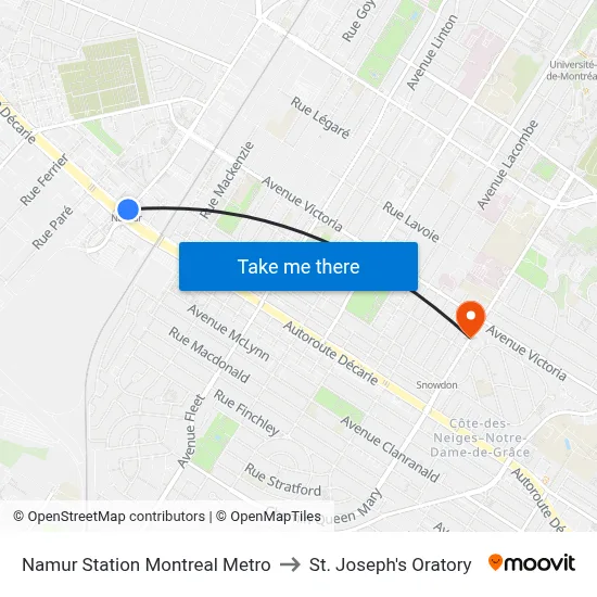 Namur Station Montreal Metro to St. Joseph's Oratory map
