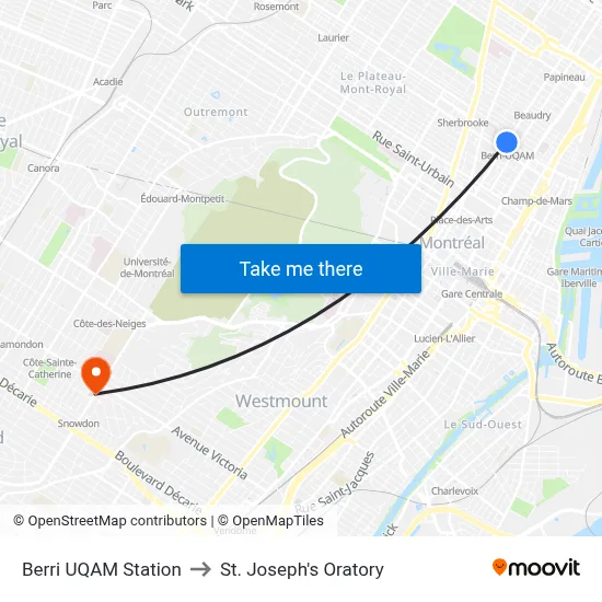 Berri UQAM Station to St. Joseph's Oratory map