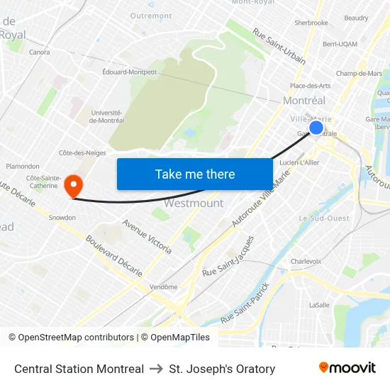 Central Station Montreal to St. Joseph's Oratory map