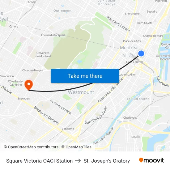 Square Victoria OACI Station to St. Joseph's Oratory map
